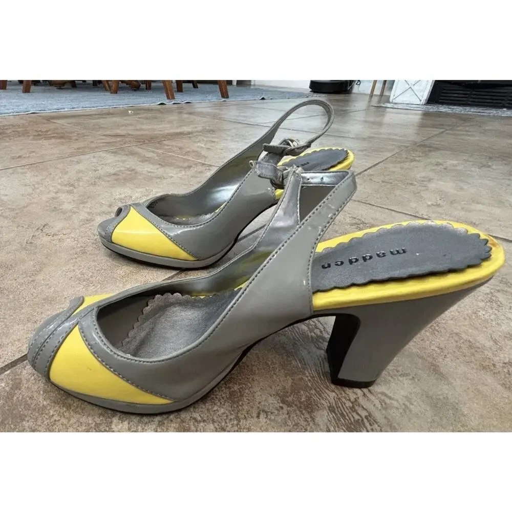 Madden Girl Slingback Heels Women’s Size 7 Yellow/Grey Kitten Heel